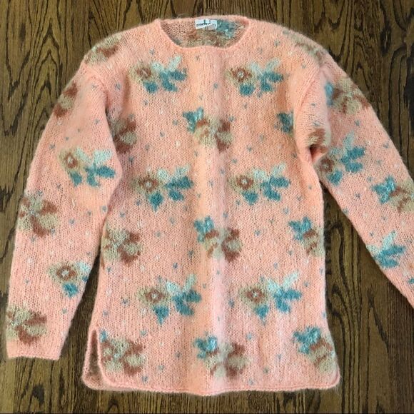 Vintage 1980’s fuzzy mohair floral tunic sweater peachy keen size M - Picture 4 of 5